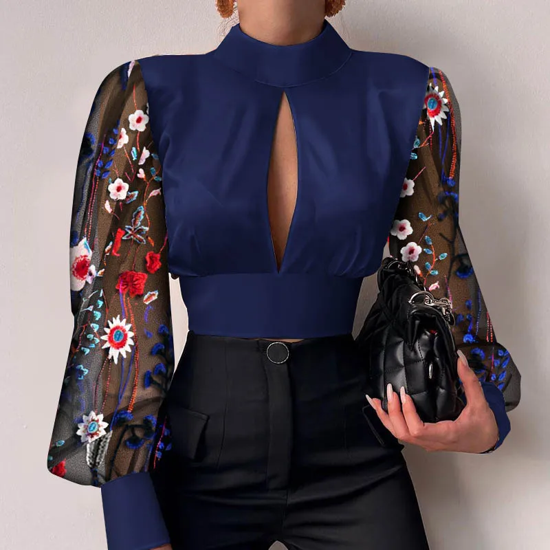 Блузка женская с воротником-стойкой элегантный пикантный пуловер открытой