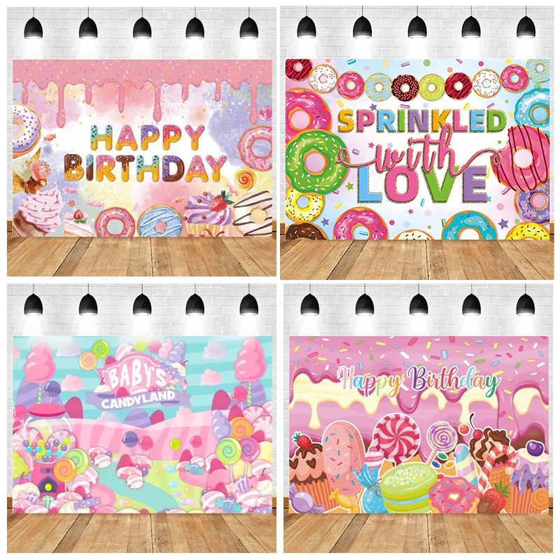 

Candy Donut Party Kids Birthday Photography Background Newborn Photo Studio Banner Backdrops Cloth Photoshoot Wallpaper Props