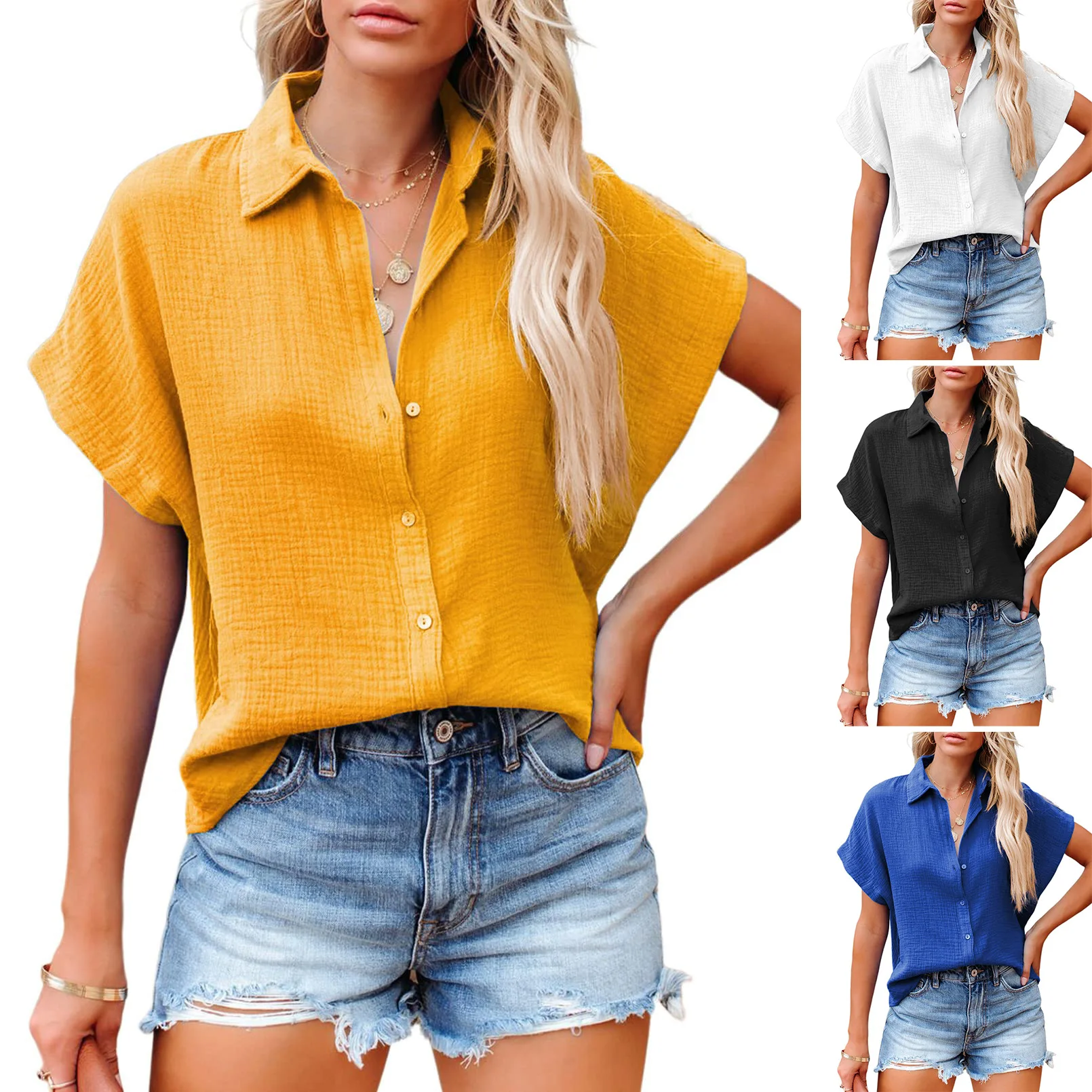 

Europe and the United States 2023 summer new casual V-neck buckle shirt women's solid color short-sleeved shirt top