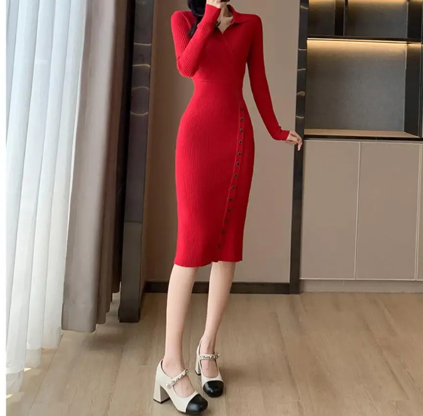 Женское трикотажное платье с длинным рукавом и отложным воротником 5 цветов