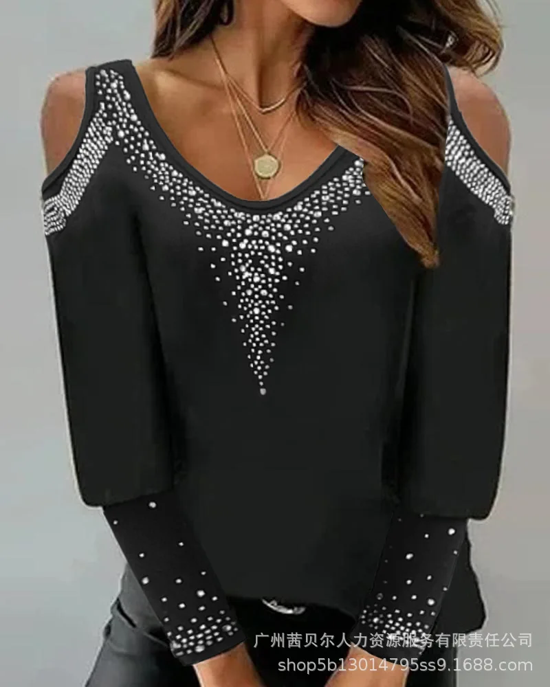

Rhinestone Decor Cold Shoulder Top Women Spring Summer T Shirt Casual Fashion O Neck Tops T Shirts