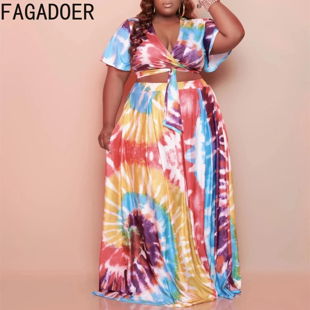 

FAGADOER Fashion Tie Tye Print Skirt Two Piece Sets Plus Size Women Lace Up Short Sleeve Crop Top And Floor Skirt Outfits 2022