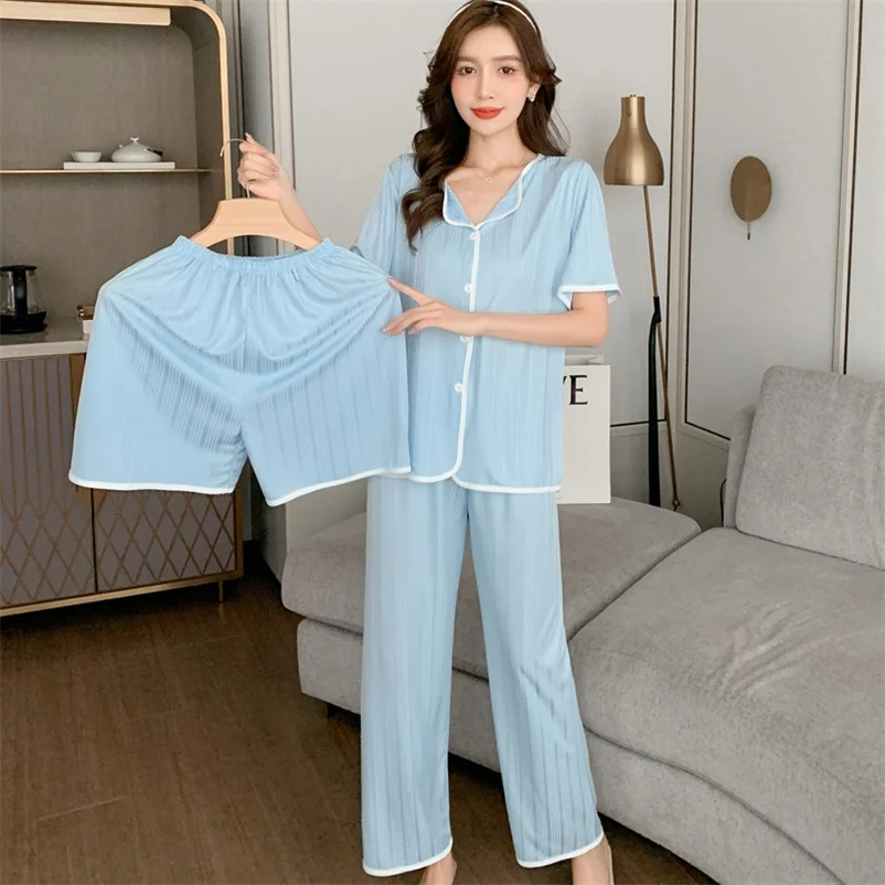 

LULU LVGG Pajamas Women's Three-piece Summer Short Sleeve Cartoon Large Size Milk Silk Pullover Casual Homewear