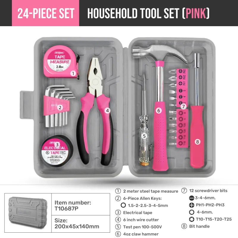 Hi-Spec домашний набор инструментов бытовой розовый многофункциональный набор инструментов для ручного ремонта молоток плоскогубцы винтовая рулетка домашний инструмент