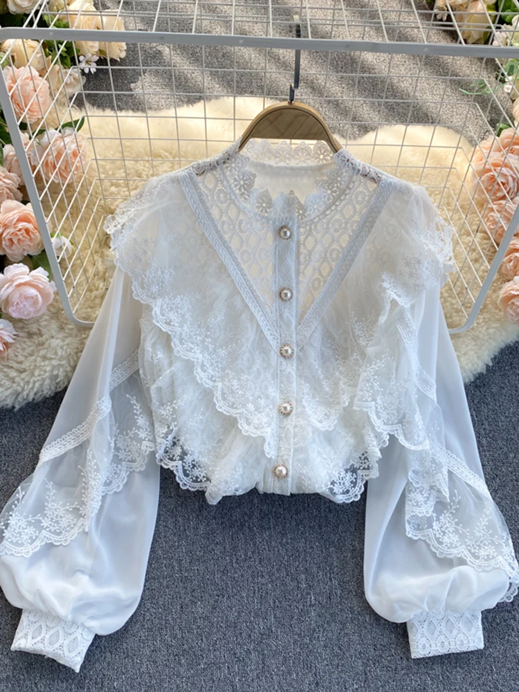 

New Spring Autumn New Style Stand-up Collar Lace Stitching Ruffled Blouse Female Chiffon Lantern Sleeve Bottoming Shirt Top C158