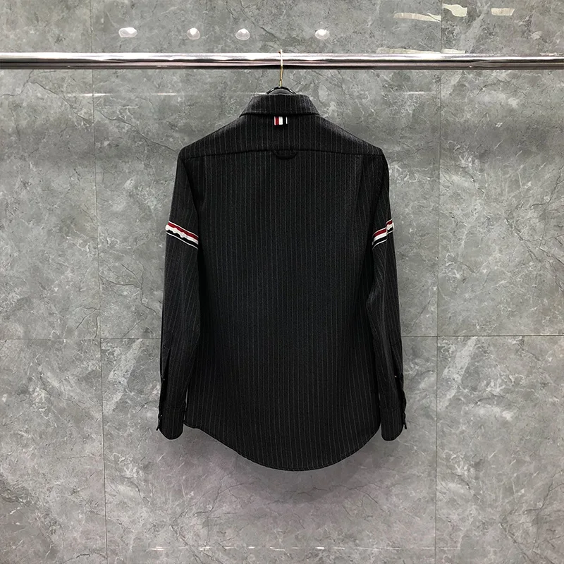 TB Shirts Men Grey Stripes New Shirts Slim Black Long Sleeve Striped Casual Shirt Turn Down Collar Cotton Solid Men's Clothing
