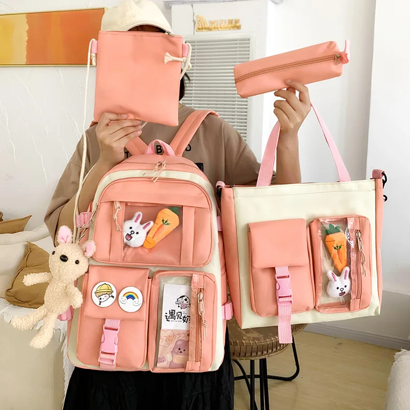 

Холщовый школьный рюкзак в стиле преппи для девочек-подростков, набор из 4 предметов, сумки для книг, модные повседневные дорожные сумки на р...