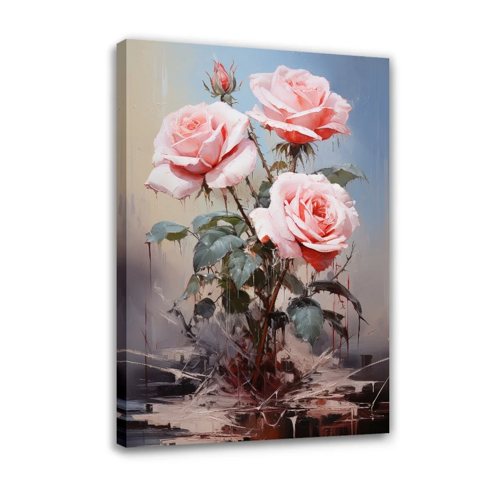 

Forbeauty Cracked Green Leaves And Pink Roses Framed Gallery Canvas Painting Colorful Vase Antique For Home Decoration