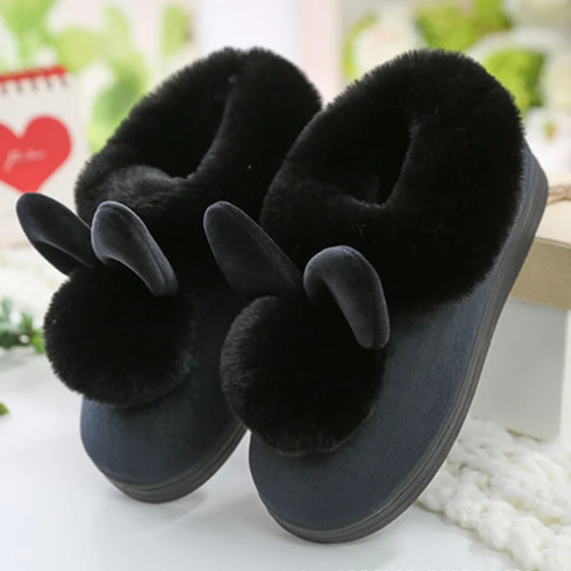 House Slippers for Women Winter Warm Plus Rabbit TPR Down Soft Indoor Slippers for Girls Solid Sewing Short Plush Casual Shoes