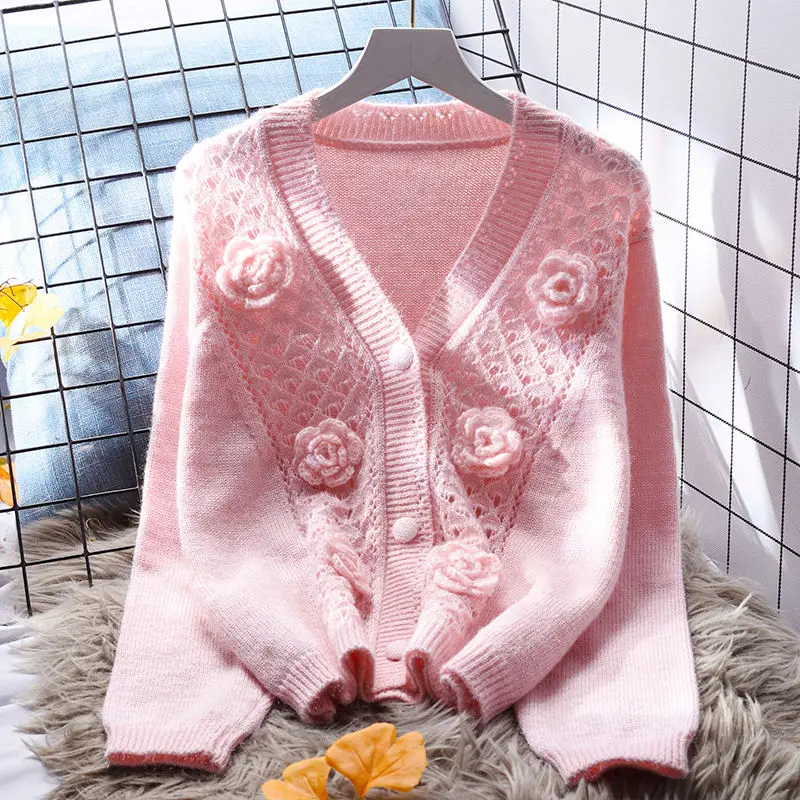 

Женский короткий свитер свободного покроя, Вязаный Кардиган с длинным рукавом и 3D цветами, весна-осень 2023