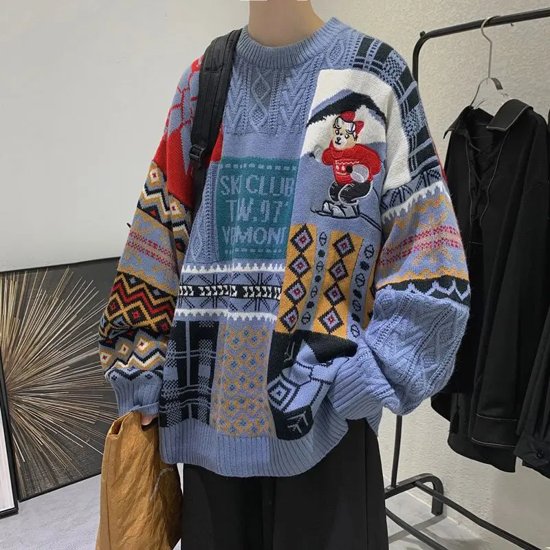 

2022 New Autumn Winter Couples Wear Pullover Vintage Loose Outer Wear Embroidered Print Sweater Cute Bear Sweater Couple Wear