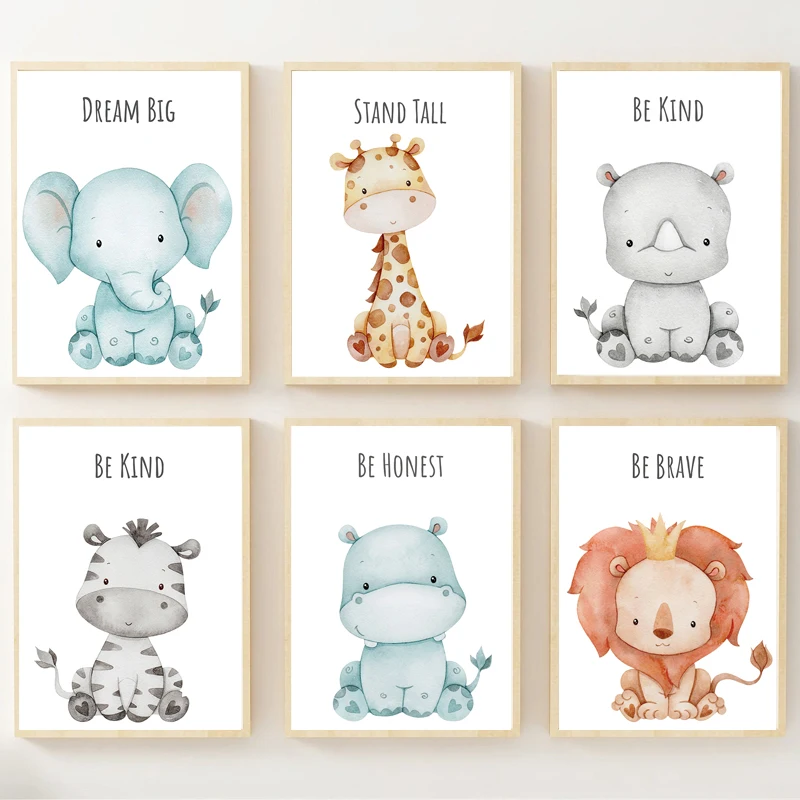 

Cartoons Animal Wall Art Watercolor Animals Canvas Posters Giraffe Zebra Picture Prints for Children's Room Decoration Painting