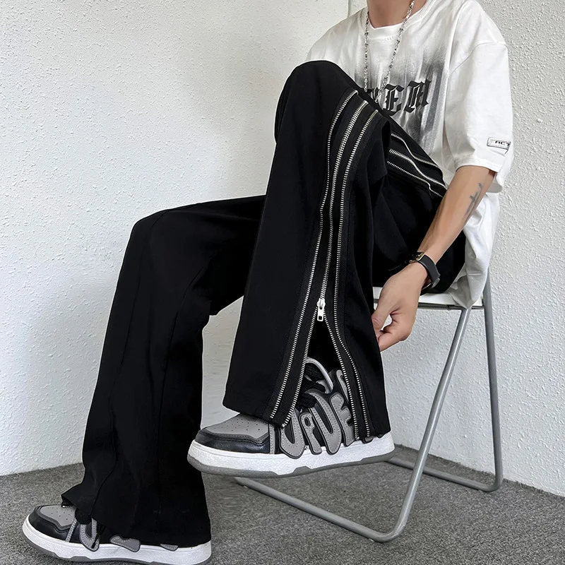 

Прямые брюки с эластичным поясом, мужские летние спортивные брюки, штаны для бега на боковой молнии, мужские летние черные брюки, брюки в стиле хип-хоп, уличная одежда