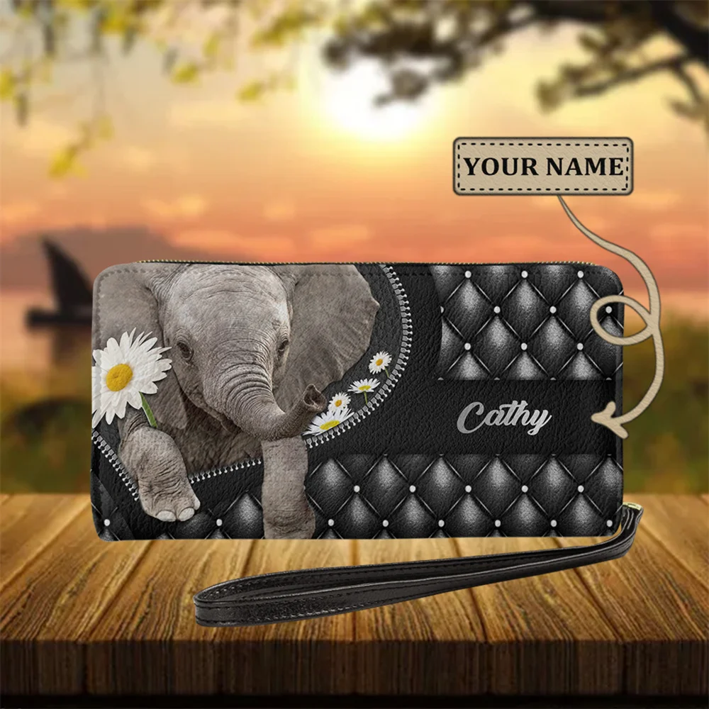 Wallet for Women Black Cute Elephant Printed PU Leather Purse Brand Design Ladies Wristlet Strap Coin Bag Female Card ID Holders