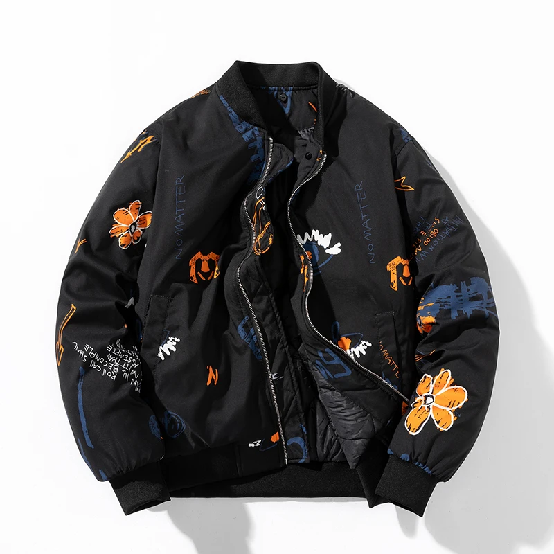 

Winter Fashion Jacket Men Women Flower Print Basketball Jacket Hooded Letter Couple Thick Parkas Coat Streetwear College Korean