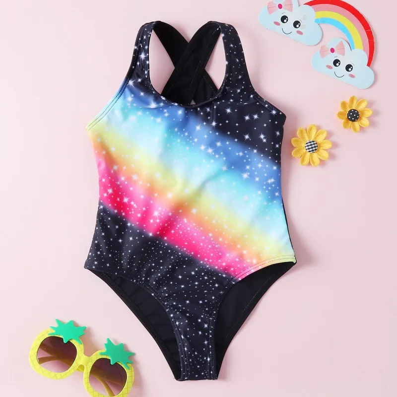 

Print Girls Crisscross Summer Conjoined Swimsuit Floral Printing Rainbow Cute Girls Swimwear Swimsuit for Girl