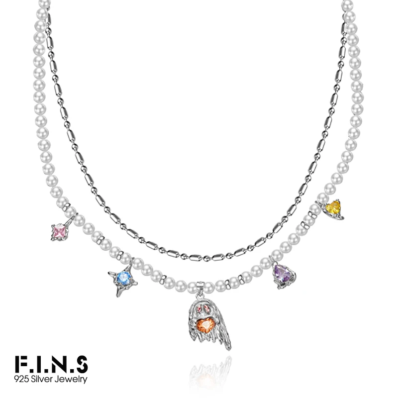 

F.I.N.S оригинальное ожерелье из стерлингового серебра S925 пробы с жемчужиной и двухслойной цепочкой с подвеской в виде призрака