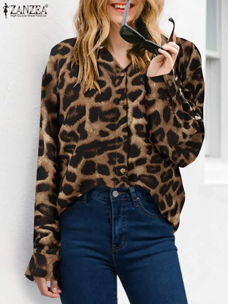

Женская рубашка с длинным рукавом ZANZEA, Повседневная Блузка оверсайз с воротником с лацканами, топы, рубашки с леопардовым принтом, весна-осе...