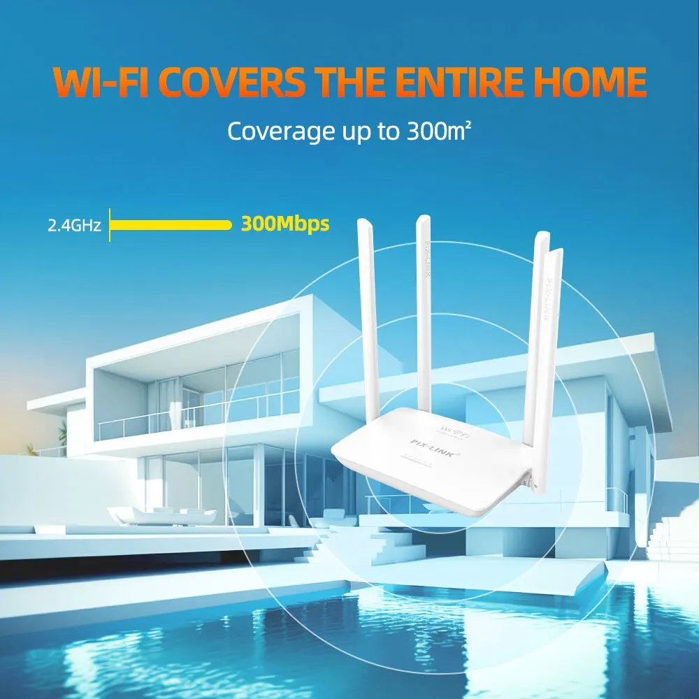 Фото Беспроводной Wifi роутер PIXLINK WR08 с 4 антеннами с высоким коэффициентом усиления 300 Мбит/с 5 портами RJ45 802.11N простая настройка для дома белого цвета №2