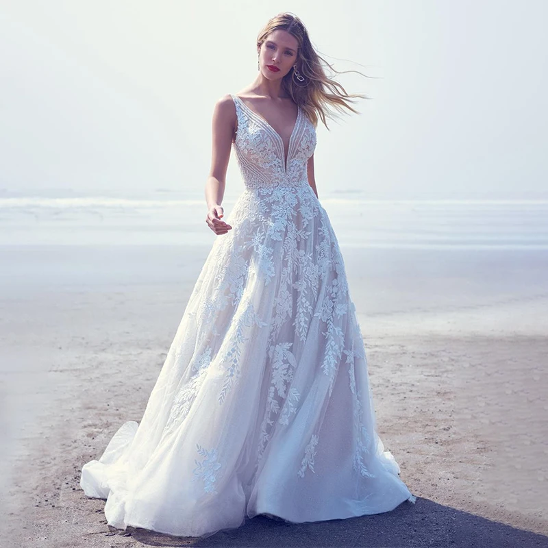 

Mordern Sweetheart Beach Wedding Dresses Spaghetti Straps Lace Appliques A-Line Bridal Gowns Vestido De Noiva