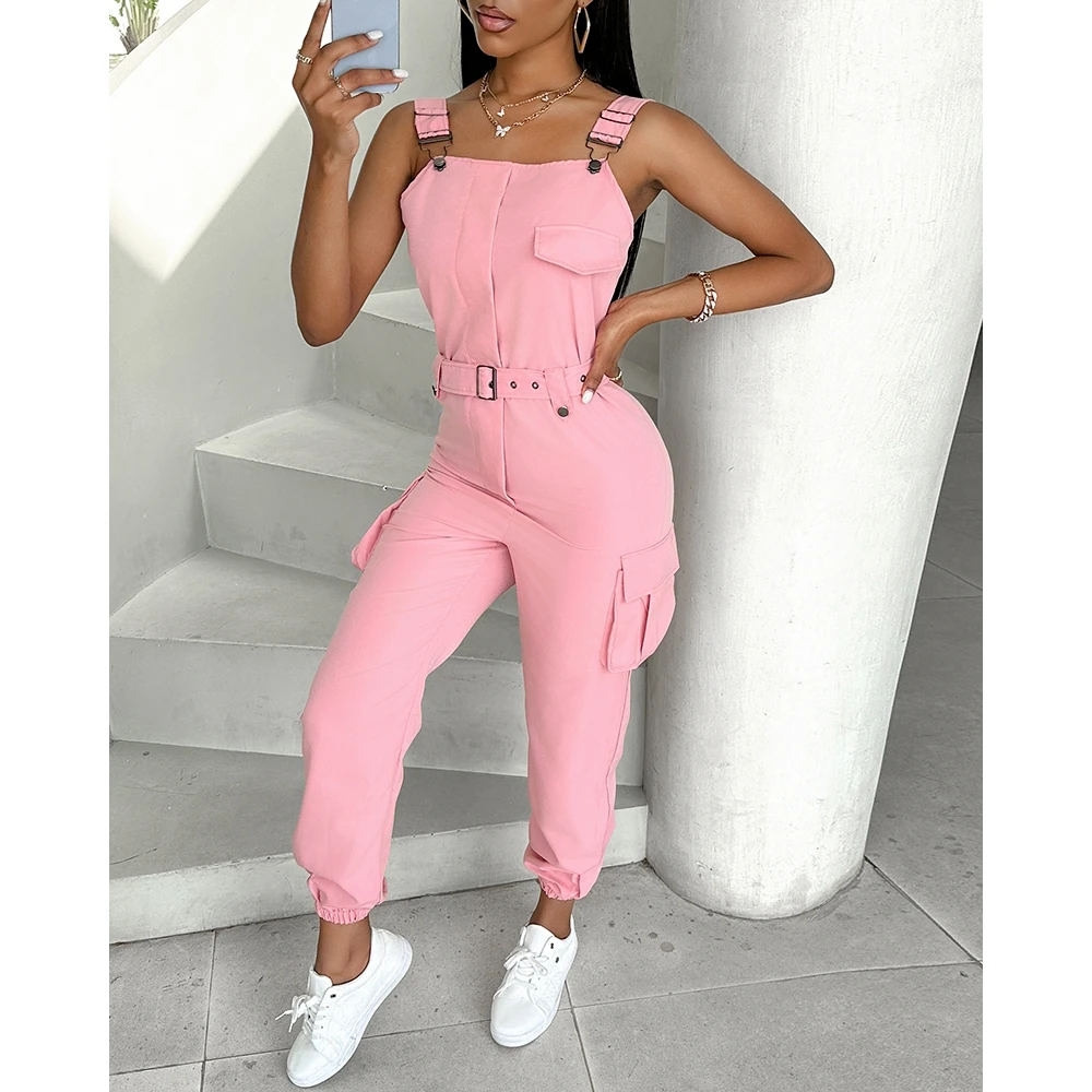 Летний женский дизайнерский комбинезон с карманами без рукавов манжетами и