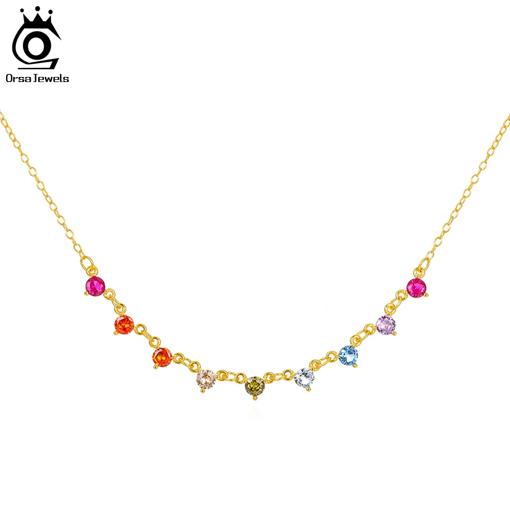 

ORSA JEWELS 14K Gold 925 Sterling Silver Rainbow CZ Necklace Handmade Colorful Cubic Zirconia Tiny Chain for Women Jewelry EQN39