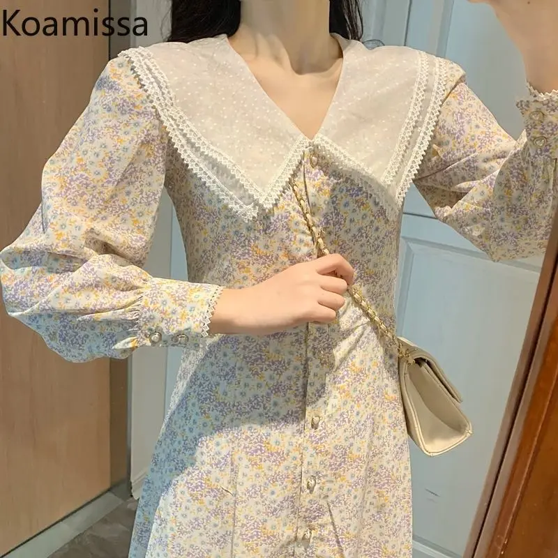 Koamissa Sweet Women Bodycon Daily Floral Maxi Dress Long Sleeves Turn Down Collar Chic Dresses 2022 New A Line Korean Vestidos