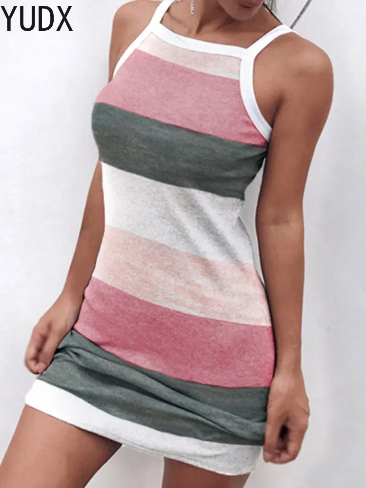 

Women Summer Casual Tank Slip Dress Color Block Spaghetti Strap Mini Dresses Beach Sleeveless Striped Cami Sundress Daily 2023
