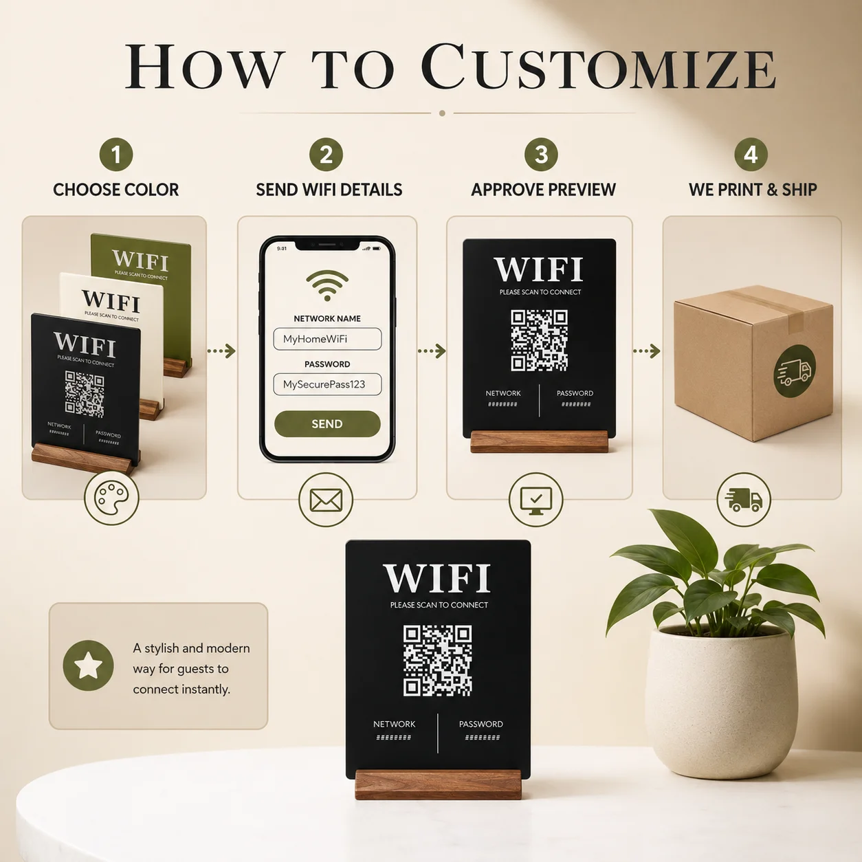 Индивидуальная табличка с QR-кодом для Wi-Fi пароля, современная акриловая настольная табличка с деревянной подставкой для декора Airbnb, салона, спа, отеля, офиса, дома. (art.: 3920dd1de816e) - 3920dd1de816e