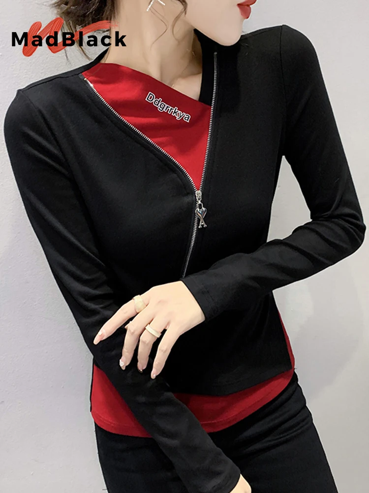 

MadBlack Fall Spring Cotton T-Shirt Iregular Sexy Letter Patchwork Zipper Women Clothes Slim Tops Lady Casual Tees T31801X