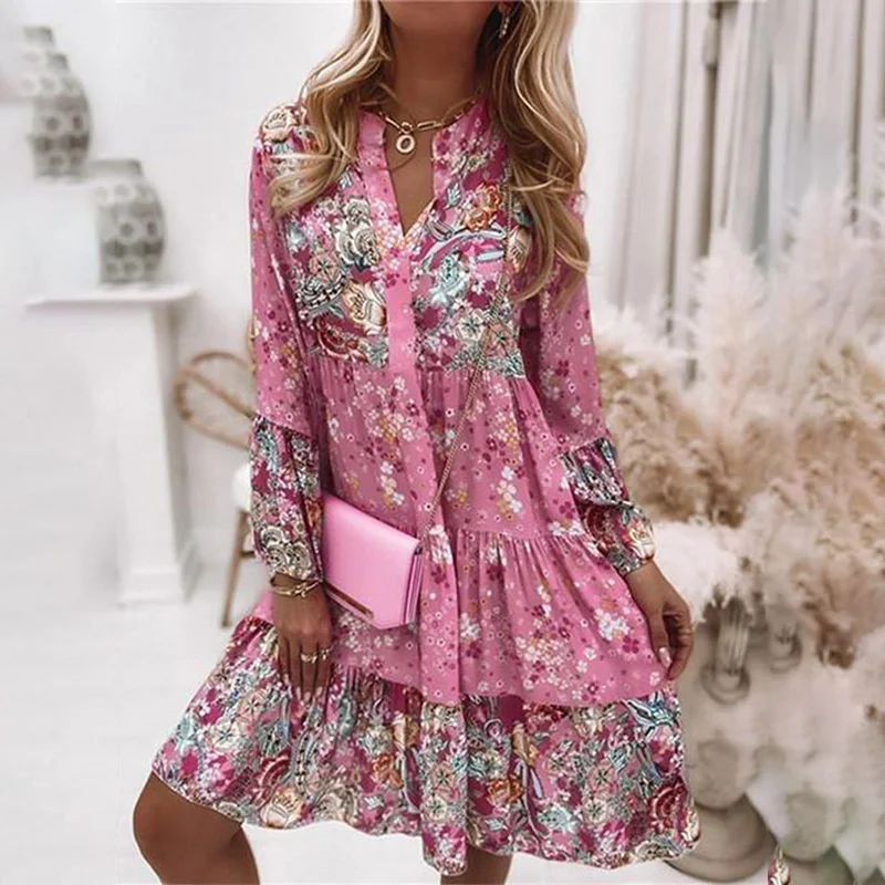 

Spring and Autumn Ruffle Women Party Loose V Neck Beach Pullover Dress Casual Elegant Retro Floral Print Flare Sleeve Mini Dress