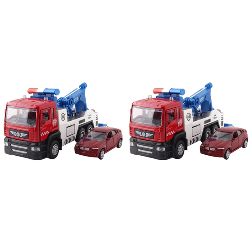 

2X Alloy Tow Truck Set (2 Truck Plus 2 Smaller Car) Die-Cast Car Head Car Lights & Sound Function Toy,Red+White
