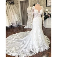 angelsbridep lace mermaid wedding dresse vestido de noiva sexy see through neck formal long sleeves bride dresses plus size