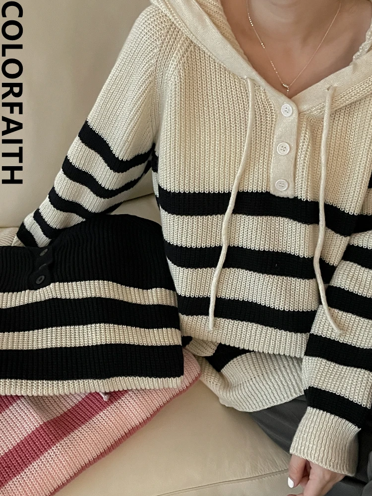 

Colorfaith Новинка 2022, винтажные корейские модные элегантные Полосатые свитера с капюшоном, женские вязаные свитера большого размера на осень и ...