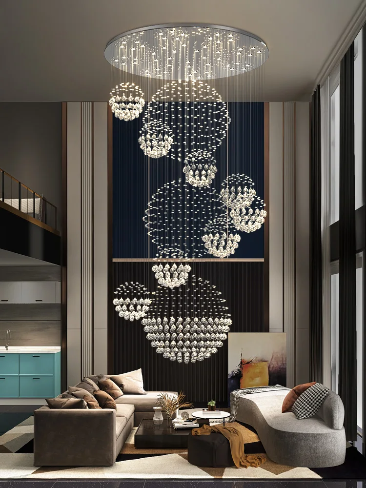 

Duplex chandelier Nordic light luxury crystal pick high school empty stair light long line villa living room dining room light