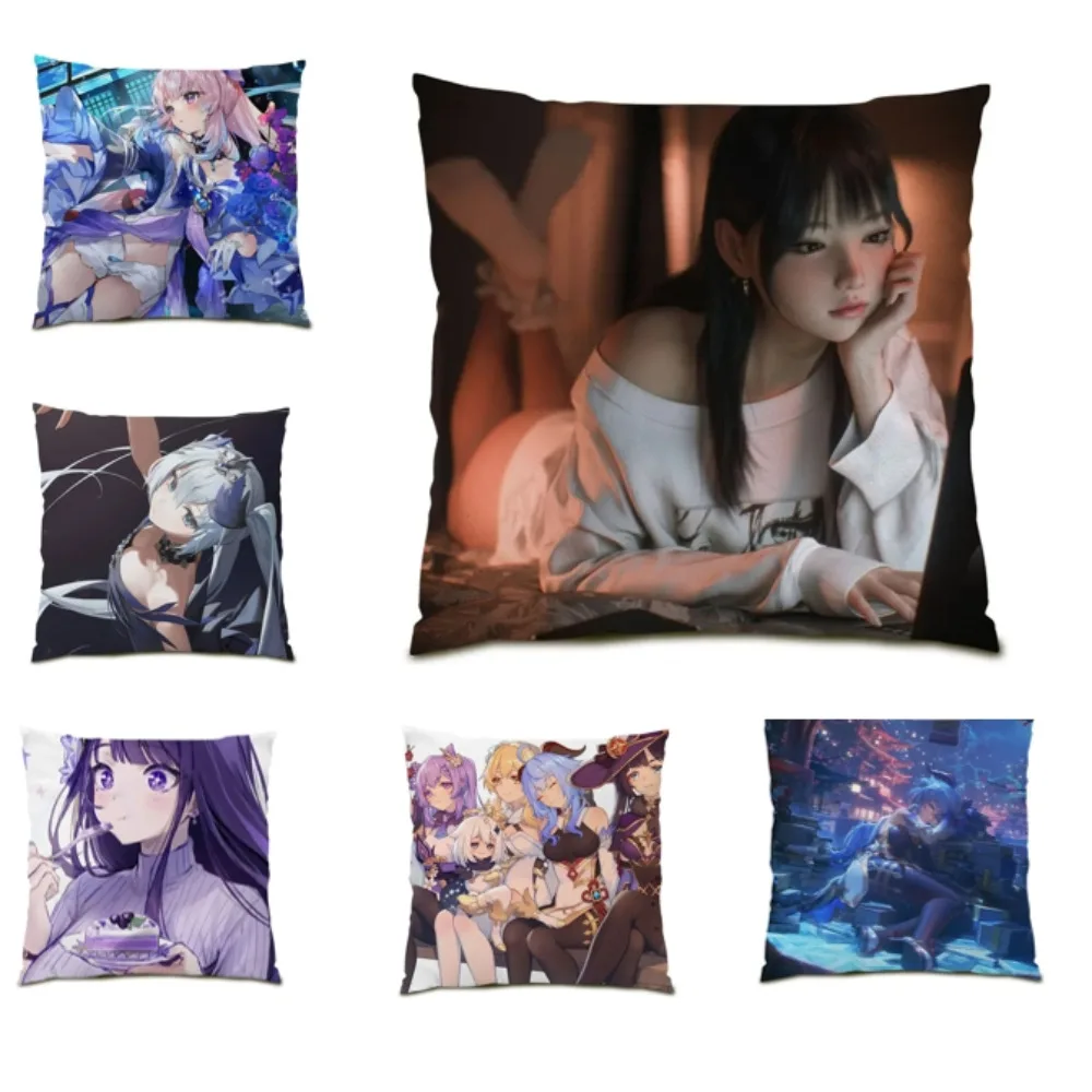 

Beautiful Girl Throw Pillow Cover Anime Living Room Sofa Cushion Cover45x45 Cute Girl Poster Polyester Linen Velvet Kawaii E0870