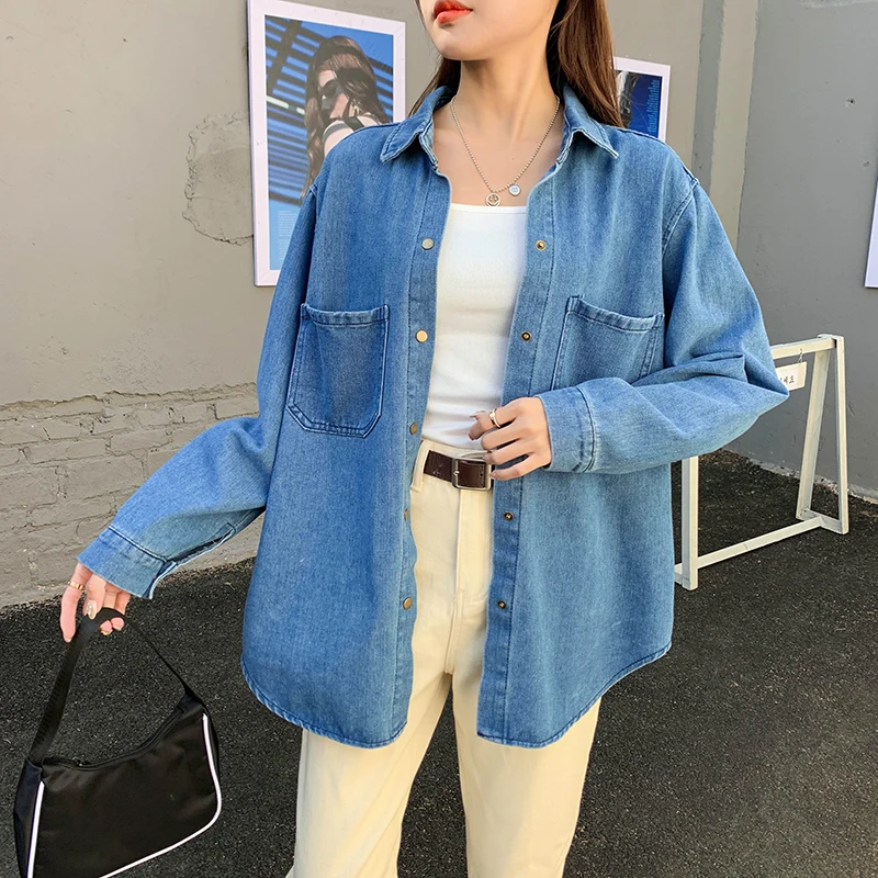 Женская джинсовая рубашка с длинным рукавом свободная повседневная из денима в