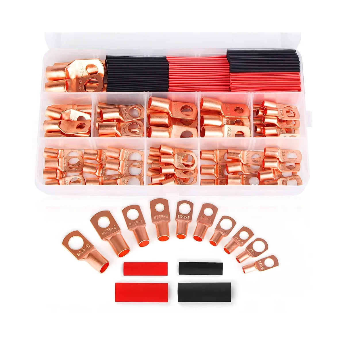 

130PCS Copper Wire Lugs,Terminal Connectors,Used on AWG12 10 8 6 4 2 Cable,Heat Shrink Set,Ring Terminals Connectors