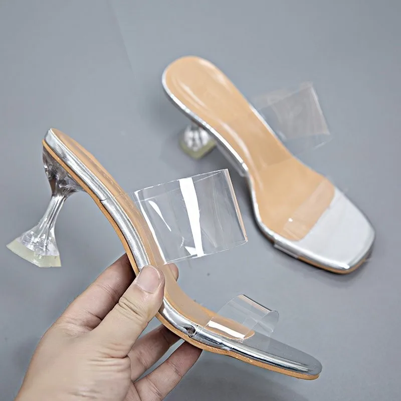 

2023 Summer New Transparent One-word Belt Large Size Sandals Women's Wear Crystal Heel Sexy Open-toe Comfortable Sandals Women