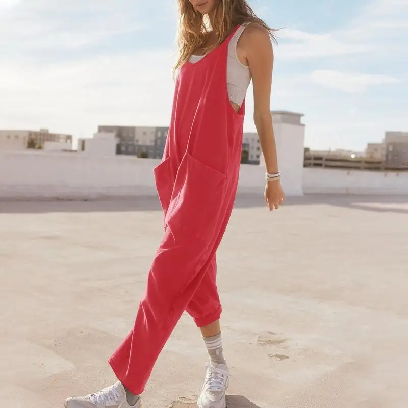 

New Fashion Women's Summer Casual Jumpsuit Sleeveless Loose Wide Leg Rompers with Large Pocket Homewear One Piece Outfit Clothes