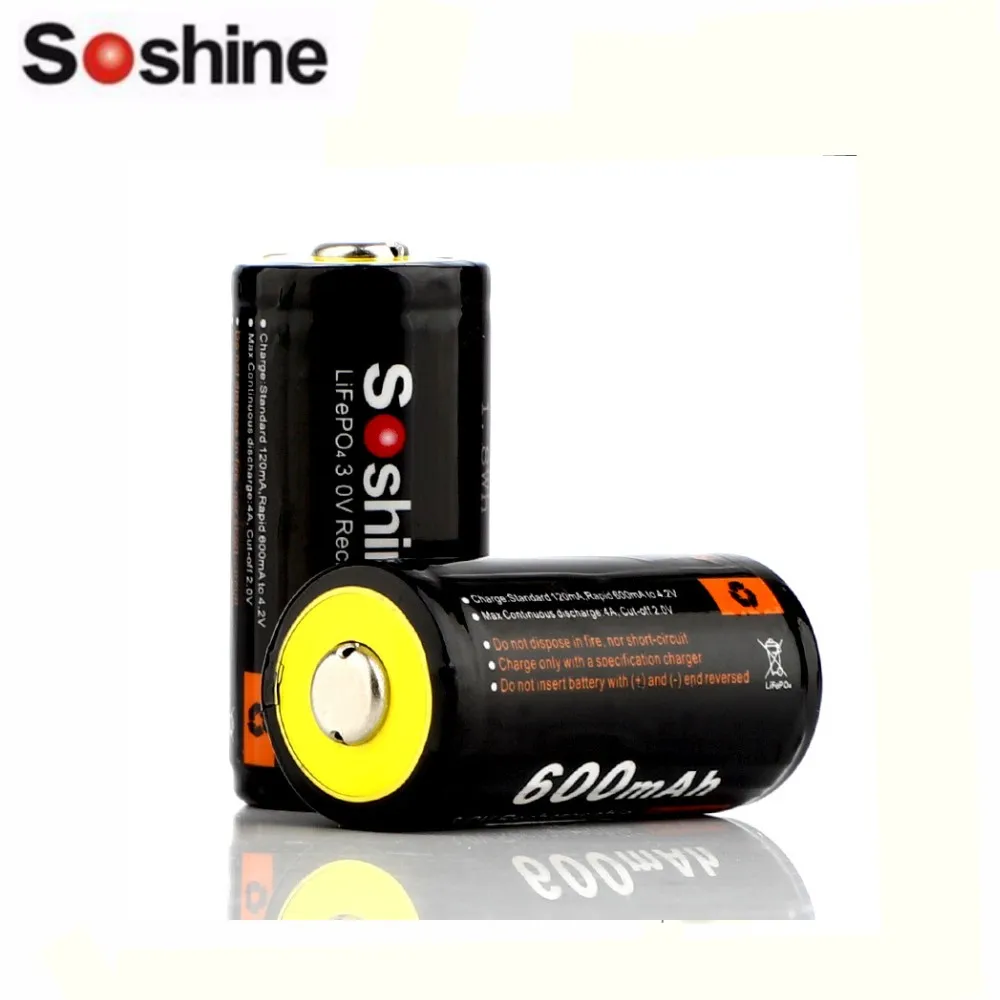 2 шт., аккумуляторы Soshine 16340 RCR123 LiFePO4 3 в 600 мАч