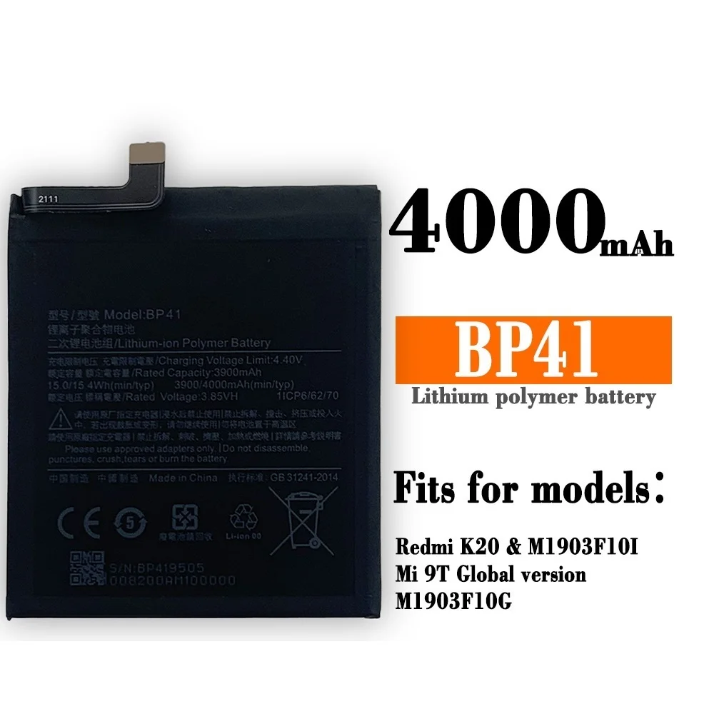 

Orginal Phone Rechargeable Battery BP41 4000mAh For Xiaomi Redmi K20 Mi 9T K20 Pro 9T Pro M1903F10I Replacement Bateria +Tools