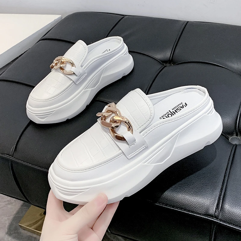 

Мюли женские с металлической цепочкой, сланцы, плотная подошва, шлепанцы на платформе, мягкая подошва, сланцы, сланцы, тапки с закрытым носко...