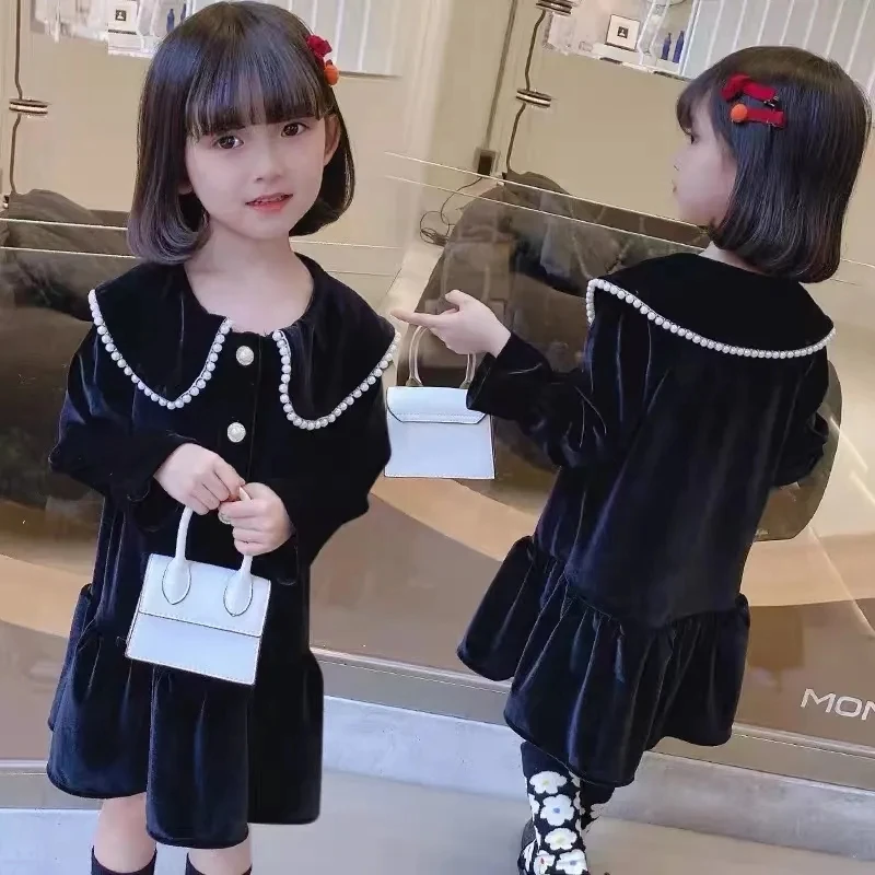 

Весенние детские платья с длинным рукавом для девочек, черное праздвечерние чное платье с круглым воротником для девочек, одежда для девоче...