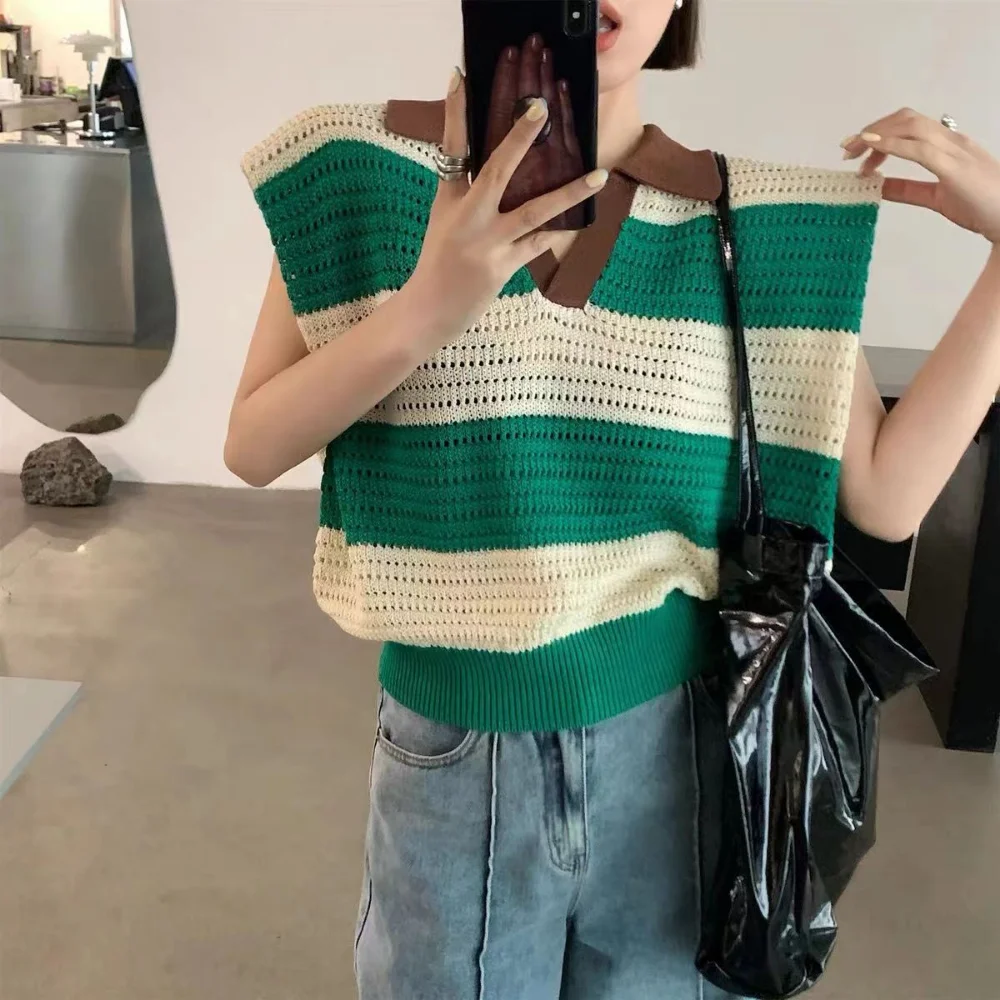 

Polo V Neck Stripe Shoulder Pad Sleeveless Knitted Sweater Women Loose Hollow Out Casual Office Lady Knitted Jumper Korean Tops