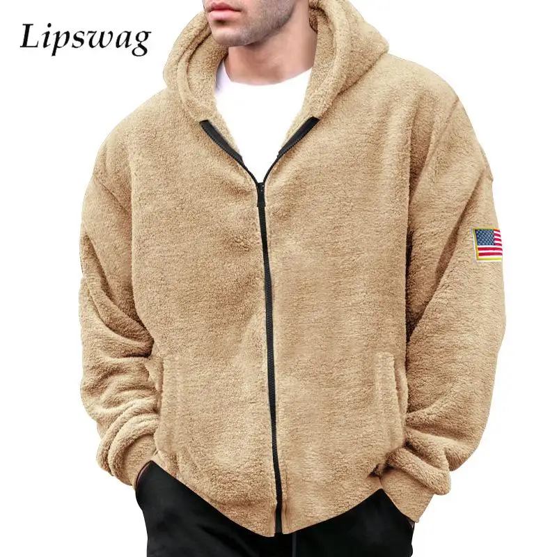 

Флисовая толстовка на молнии с длинным рукавом, мужские модные меховые куртки с капюшоном и вышивкой, осенняя мужская Повседневная Толстовка, верхняя одежда, теплые пальто