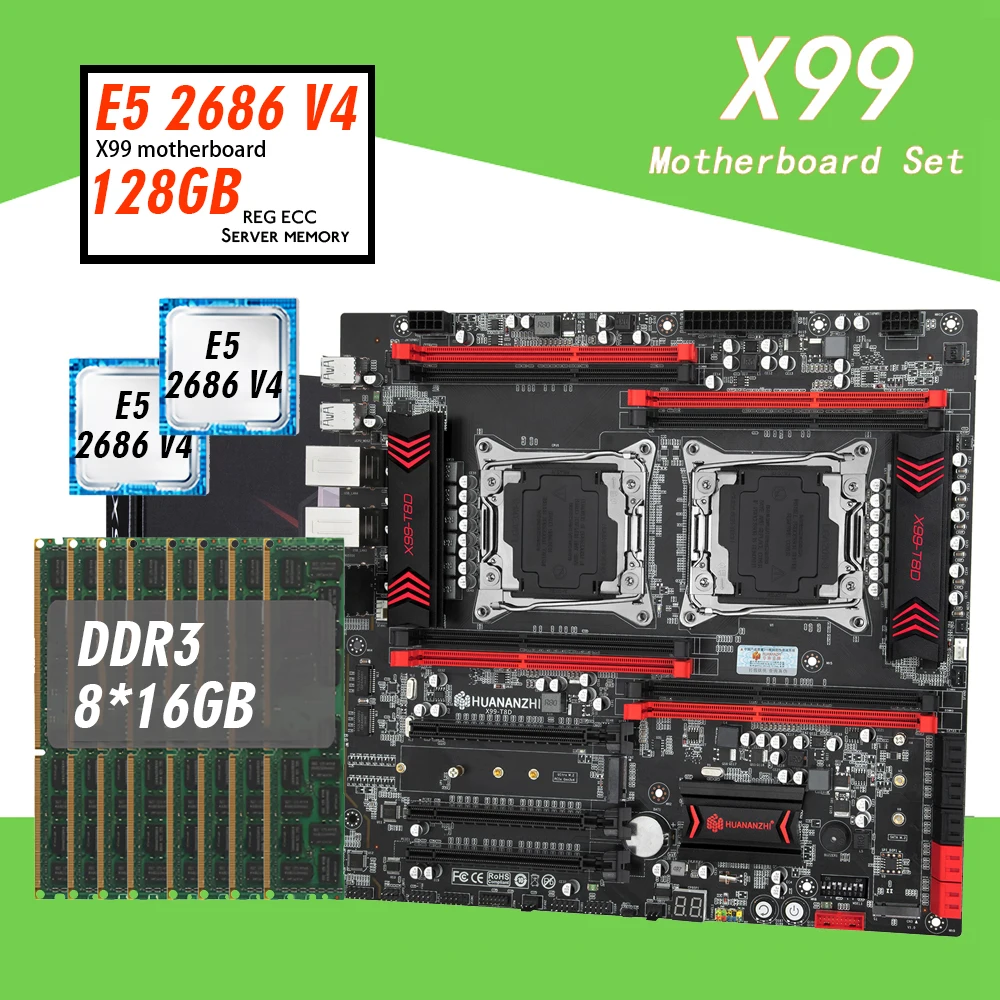 Комплект материнской платы Huananzhi X99 T8D с E5 2686 V4 DDR3 128 ГБ RECC поддержкой M.2 NVME NGFF USB3.0