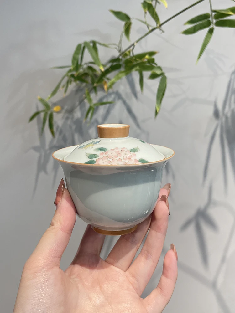 

Hand-painted Embroidery Flower Two Only Cover Bowls, Single Cover Bowl, Household Ceramic Non hot Soak Bowl Cup