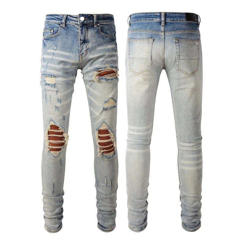 

2023 New Arrival Men's Distressed Blue Streetwear Skinny Stretch Destroyed Holes With Tie Dye Bandana Ribs Patches Ripped Jeans