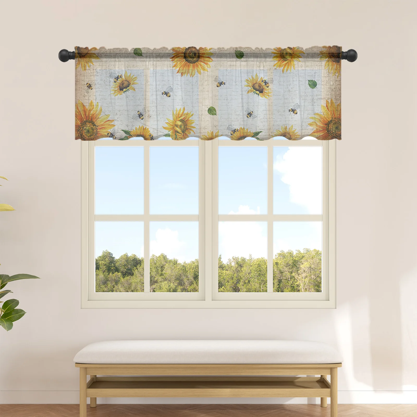 

Sunflower Flower Country Style Short Tulle Curtain Kitchen Small Curtain Sheer Curtain Living Room Home Decor Voile Drapes